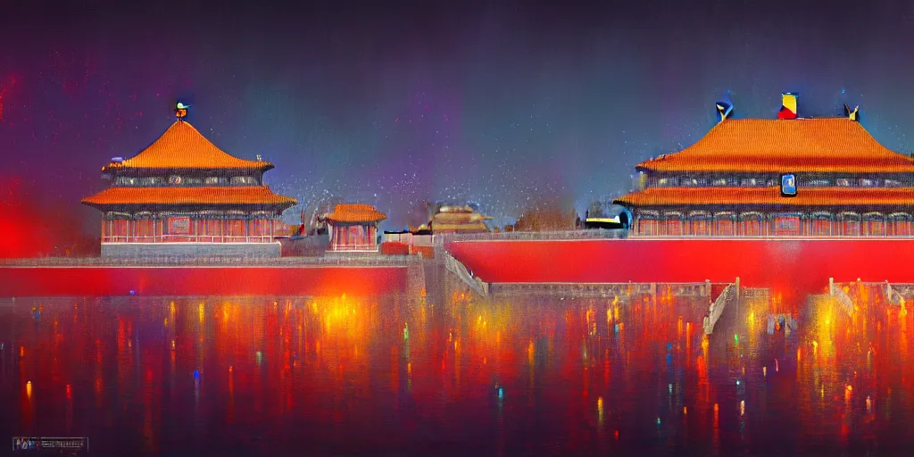 Image similar to A realistic painting of Forbidden City by Neon Light. Cyberpunk Impressionism, in the style of Esao Andrews, Prismatic, Pearlescent, reflective, shimmering, highly detailed, masterpiece, dreamy, concept art, Cinematic lighting, 8k, trending on artstation