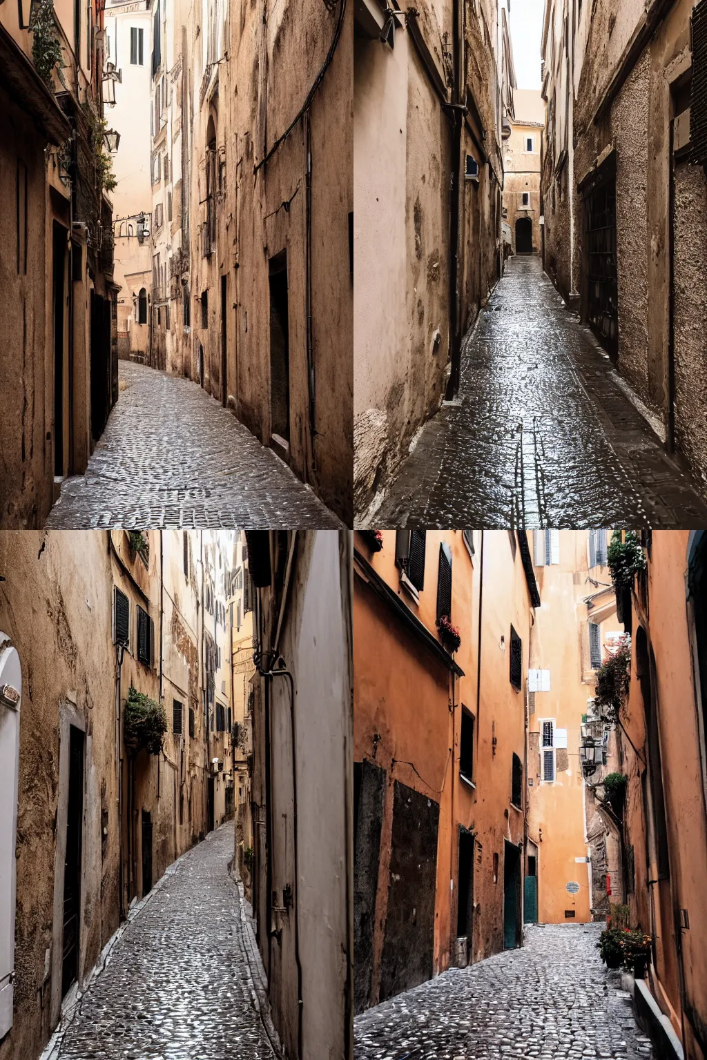 Prompt: photo of a secluded cozy alleyway in Rome, Italy, wet cobblestones, award-winning magazine photography