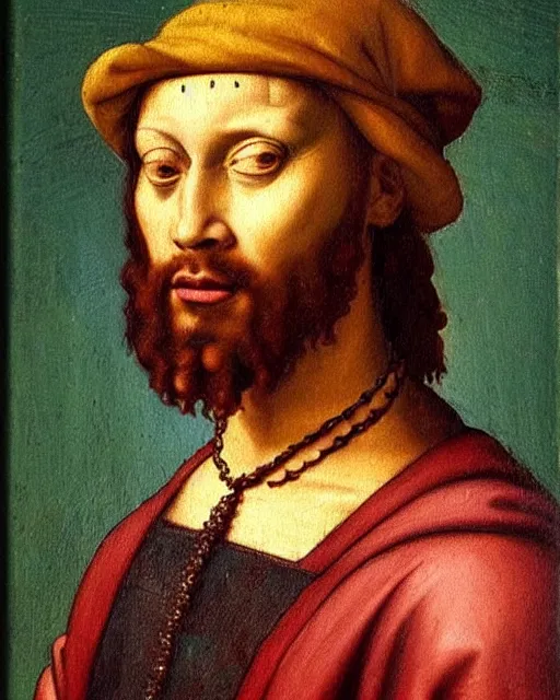 Prompt: renaissance painting of the rapper 3 wiz khalifa!!!, biblical character portrait, oil on canvas by leonardo da vinci