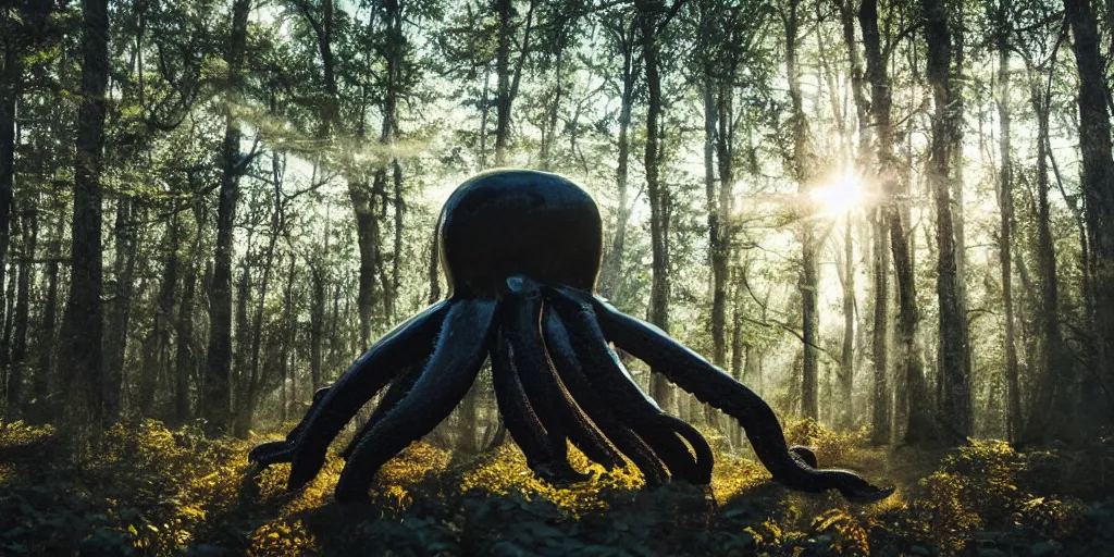 Image similar to a highly detailed giant black octopus god in the middle of a forest, beautiful ambient light, sun rays hitting the slightly transparent creature, 8k photography