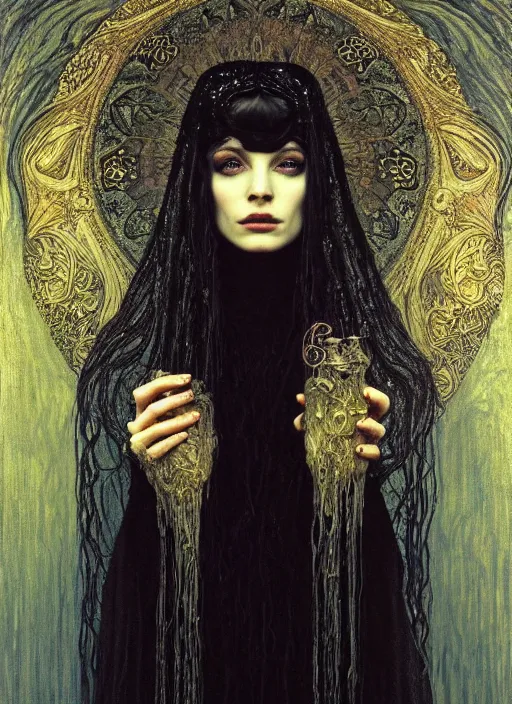 Image similar to masterpiece portrait of an beautiful dark witchy girl with gothic elegant robe, details by gustav klimt, surrounded by flowing liquid occult swirls, majestic, dramatic lighting, h. r. giger, beksinski, alphonse mucha, artgerm, donato giancola, tom bagshaw, trending on cgsociety, octane render, 8 k