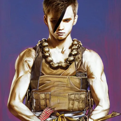 Image similar to portrait of a young white hero using his right arm to hold his sword covering his eye by yoji shinkawa, high quality, extra details, realism, ornate, colored, golden chain, blood, white skin, short hair, brown eyes, vivid, sunlight, dynamic, american man, freedom, white american soldier, painting, cybernetics, military