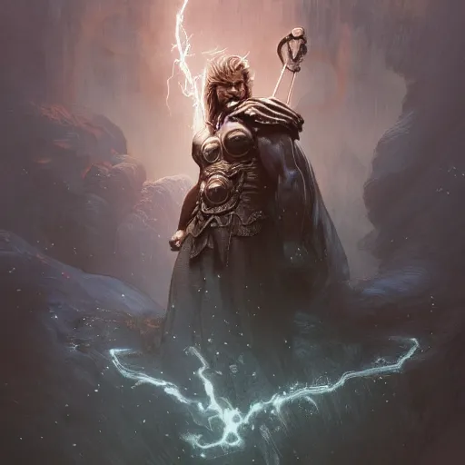 Image similar to Ancient god of Thunder Thor, D&D, fantasy, intricate, cinematic lighting, highly detailed, digital painting, artstation, concept art, smooth, sharp focus, illustration, art by Akihiko Yoshida, Greg Rutkowski and Alphonse Mucha