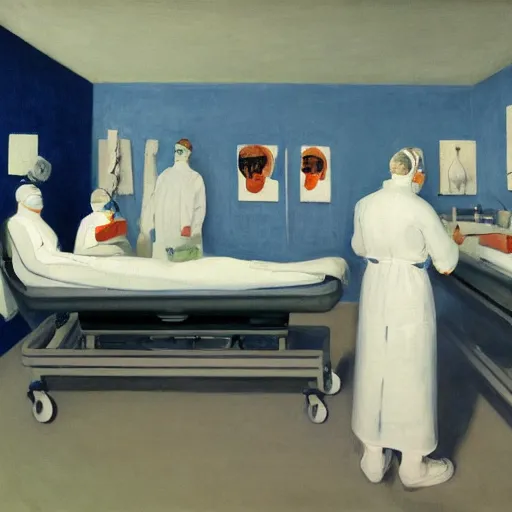 Prompt: A mixed media painting of a surgeon standing in an operating room, surrounded by new technology, infused with lightning, very aesthetic, curvy, surgical mask covering face, surgical gown and scrubs on, by Edward Hopper, Matisse, Picasso, CGsociety, full length, exquisite detail, post-processing, masterpiece, cinematic