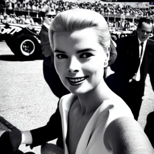 Image similar to selfie smartphone photo of a young Grace Kelly at the Monaco Gran Prix, F1 cars blurred in background, iphone photo, smartphone resolution, trending on instagram, influencer photography