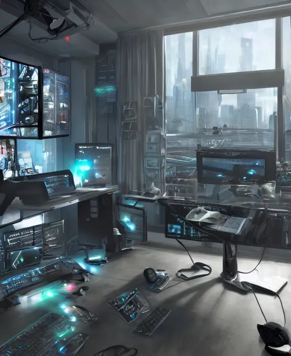 Image similar to artstation scifi scene of a complex computer workstation in a small studio apartment room, many monitors, many electronics, a window view, very detailed, maximalism, ambient occlusion, volumetric light, sun beam, atmospheric haze, unreal engine, hyper realism, realistic shading, cinematic composition, realistic render, octane render, detailed textures, photorealistic, wide shot