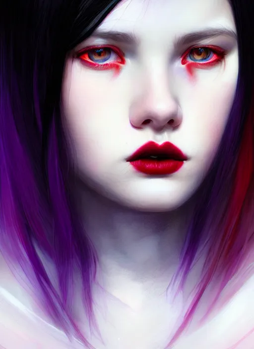 Image similar to portrait of teenage girl, red irises, red eyes, black hair, white bangs, purple lipstick, white bangs, bangs, black hair and white bangs, intricate, elegant, glowing lights, highly detailed, digital painting, artstation, concept art, smooth, sharp focus, illustration, art by wlop, mars ravelo and greg rutkowski