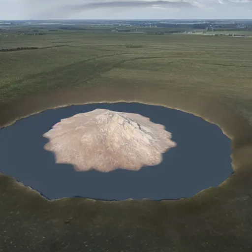 Image similar to a large nuclear crater in london, realistic, taken on drone camera.