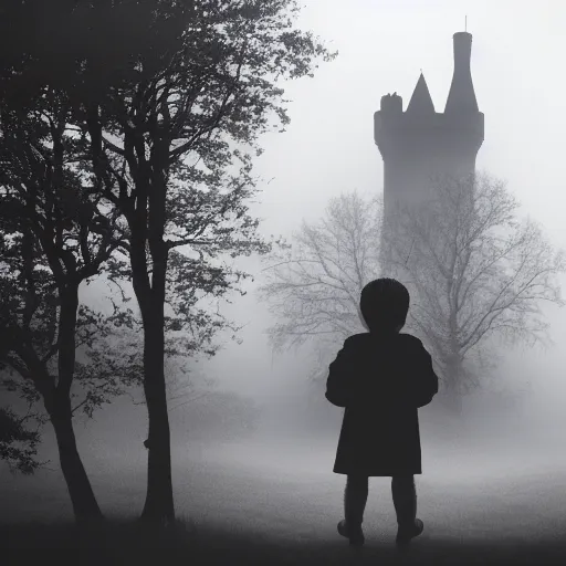 Image similar to a dark vallcy with a huge gloomy castle, fog. a little boy and a black cat