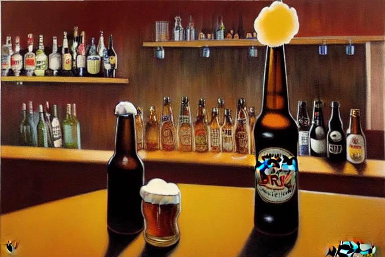 Image similar to a drunken bottle of beer stands a bar yelling at the bar tender, art by dean macadam