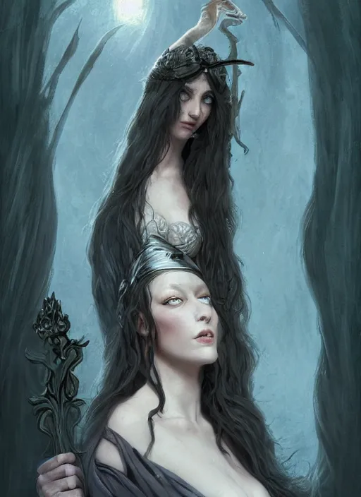 Image similar to tarot!!, pale, beautiful witch with long hair, fantasy medieval, no noise, elegant, concept art, sharp focus, beautiful face!!, digital art, smooth defined outlines!!, by Brom, trending on Artstation, Tom Bagshaw, Sargent