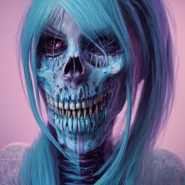 Image similar to portrait of female alt model with blue hair as a skeleton. intricate abstract. intricate artwork. nightmare fuel. by Tooth Wu, wlop, beeple, dan mumford. octane render, trending on artstation, greg rutkowski very coherent symmetrical artwork. cinematic, hyper realism, high detail, octane render, 8k, iridescent accents