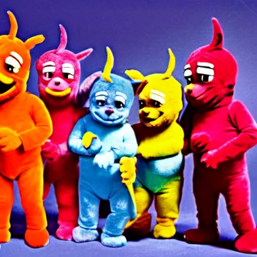 Prompt: Mike Tyson street fighting gang of teletubbies, 1980s children's show aesthetic