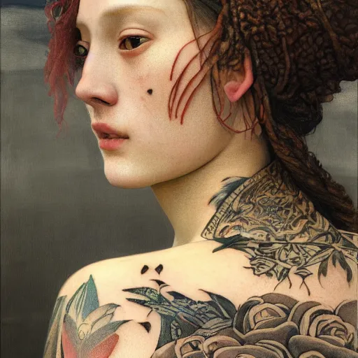 Prompt: a beautiful village girl with intricate tattoos, by edgar maxence and caravaggio and michael whelan and delacroix style, artistic, intricate drawing, light brazen, realistic fantasy, extremely detailed and beautiful aesthetic face, establishing shot, 8 k resolution, dramatic lighting