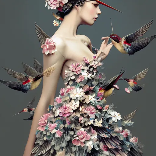 Image similar to 3 / 4 view of a beautiful girl wearing an origami dress, eye - level medium shot, fine floral ornaments in cloth and hair, hummingbirds, elegant, by eiko ishioka, givenchy, tran nguyen, by peter mohrbacher, centered, fresh colors, origami, fashion, detailed illustration, vogue, high depth of field, japanese, reallusion character creator