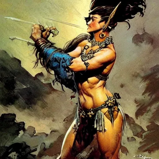 Image similar to warrior princess by Frank Frazetta,fantasy artwork,bold,striking,high quality!!!!!,masterpiece!!!! 😚