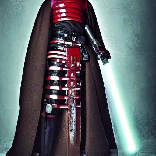 Prompt: vogue magazine half length portrait photo of a cyberpunk samurai with a lightsaber katana
