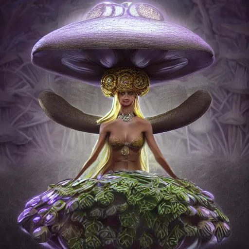 Prompt: mushroom goddess with extremely elegant headdress with group of elders in a ceremony for plant medicine, beautiful, marvelous designer, cloth physics, mocap, deviantart, masamune shirow, alex grey, black and white, beautiful lighting, photorealistic, concept art, perfect render, 3 d render, unreal engine, 8 k