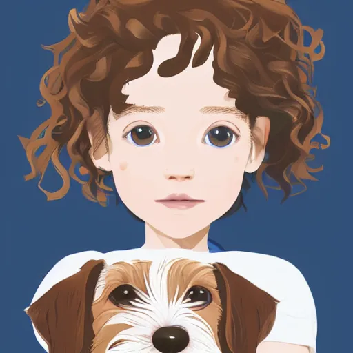 Prompt: a little girl with short wavy curly light brown hair with a wire haired jack russell terrier puppy, white with brown patches over both eyes. detailed. blue background. clean cel shaded vector art by lois van baarle, artgerm, helen huang, by makoto shinkai and ilya kuvshinov, rossdraws, illustration, art by ilya kuvshinov