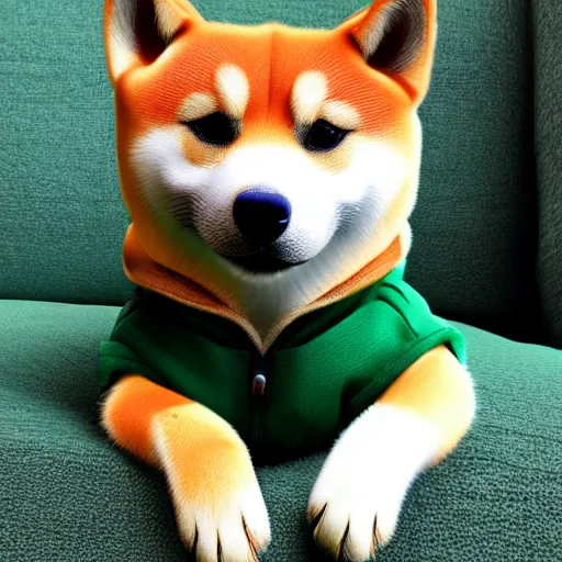 Image similar to a Shiba Inu wearing a green hoodie sitting on a couch, photo realistic, trending on artstation, HDR, nicely detailed, 8k