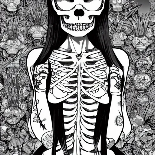 Prompt: anime manga skull portrait girl female skeleton illustration hyperrealistic art Geof Darrow and will cotton the Simpsons pop art nouveau