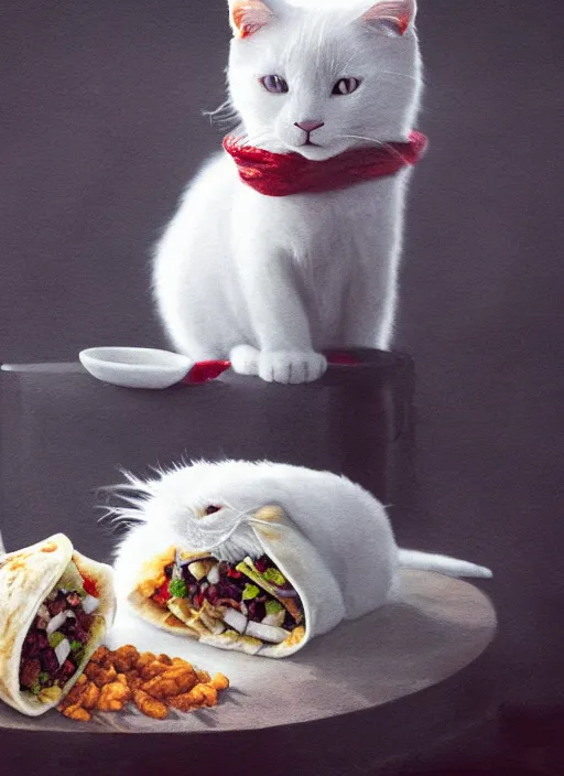 Prompt: a whimsical portrait of a cute white cat eating a burrito by Greg Rutkowski, Sung Choi, Mitchell Mohrhauser, Maciej Kuciara, Johnson Ting, Maxim Verehin, Peter Konig, final fantasy, Marco lense, photorealistic 8k, cinematic lighting, HD, high detail, atmospheric, trending on artstation