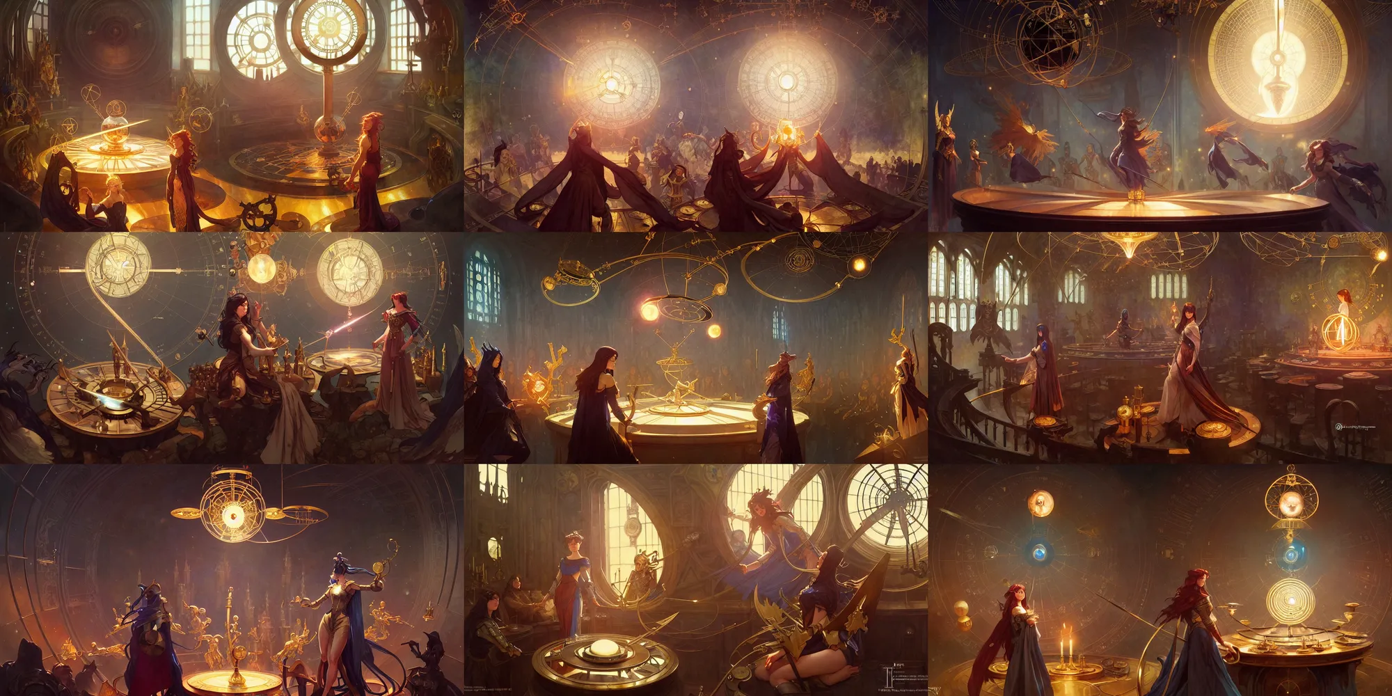 Prompt: orrery of tragedies, lighting bolts, sorcery magic witch battle, medieval castle room, sharp focus, illustration, highly detailed, digital painting, concept art, matte, art by wlop and artgerm and greg rutkowski and alphonse mucha, masterpiece