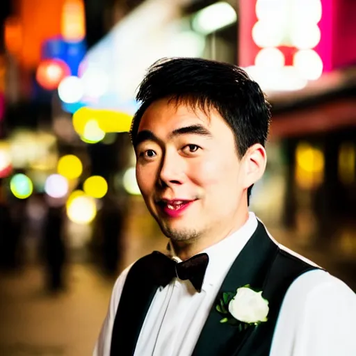 Image similar to night portrait of an good looking adult asian man wearing a tuxedo in the streets of akihabara, depth of field bokeh, award winning photo, color graded, soft focus, high detail, sigma lens 7 0 mm