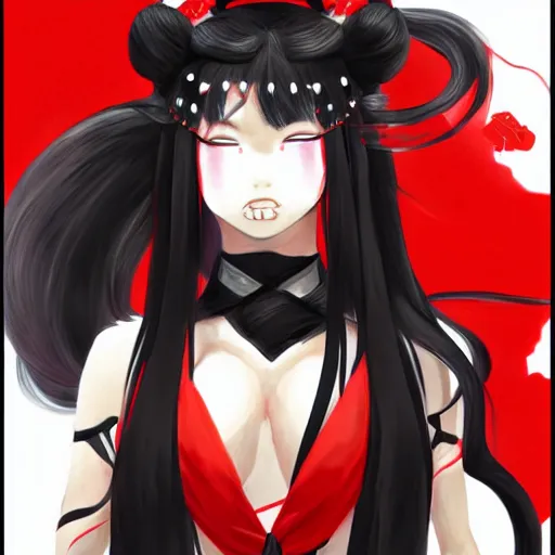 Image similar to portrait of a muscular female fighting shrine maiden miko with long flowing black hair wearing a red hakama over a black leotard, touhou character illustration by ross tran, makoto shinkai, hirohiko araki, yoshitaka amano, trending on artstation