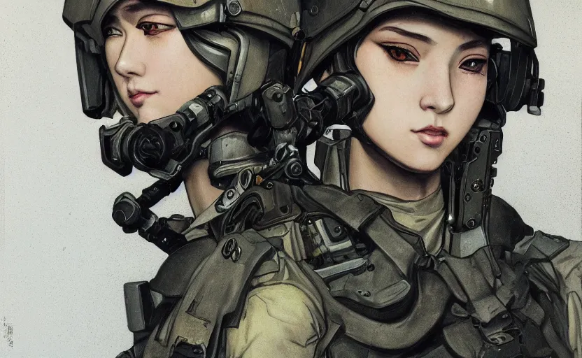 Image similar to portrait, mechanized soldier girl, anime style, urban, military gear, soldier clothing, combat helmet, short hair, hair down, symmetrical facial features, from arknights, hyper realistic, 4 k, rule of thirds, extreme detail, detailed drawing, trending artstation, hd, d & d, realistic lighting, by alphonse mucha, greg rutkowski