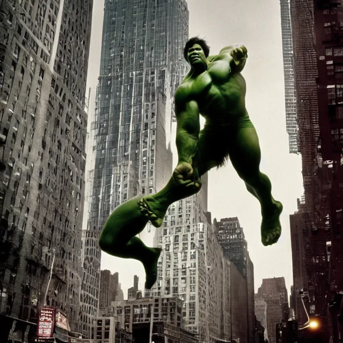 Prompt: a color photo portrait of the incredible hulk in new york city by richard avedon dramatic lighting.