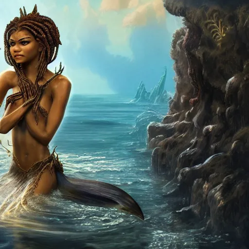 Image similar to zendaya as a dark - skinned la sirene haitian mermaid goddess, ultra realistic, concept art, intricate details, highly detailed, photorealistic, octane render, 8 k, unreal engine, art by frank frazetta, simon bisley, brom