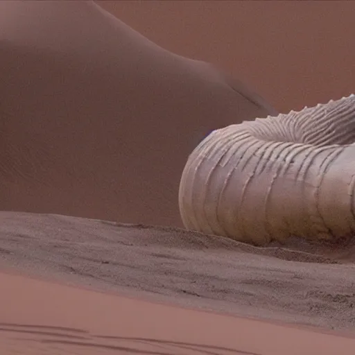 Image similar to gigantic sandworm busting out of the sand, realistic movie still, 4 k, sand is flying around
