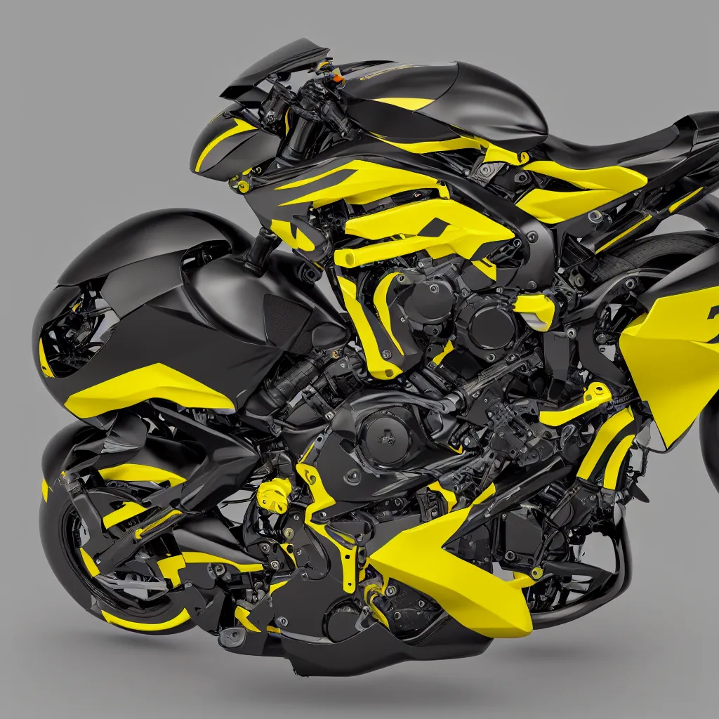 Image similar to “Hyper realistic motorbike on track, black color, yellow details, carbon fiber, superbike, streetfighter ,design, Cinematography, mega scans, cinematic, hyper realistic, photo real, cinematic compositoio, highly detailed, vray, 8k render, high rendering”