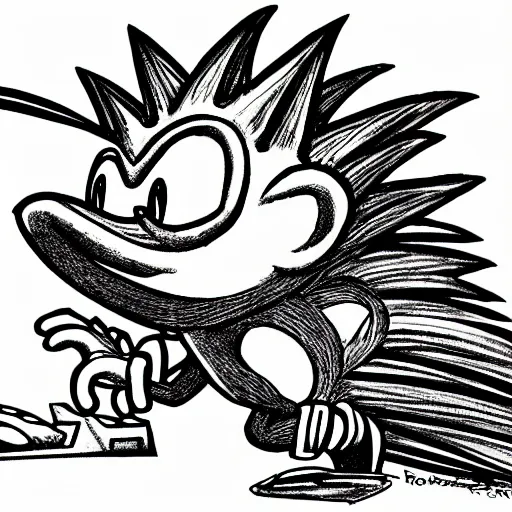 Prompt: low angle shot of Sonic the Hedghehog, ink drawing by Robert Crumb, intricate, elegant, highly detailed, centered, digital painting, artstation, concept art, smooth