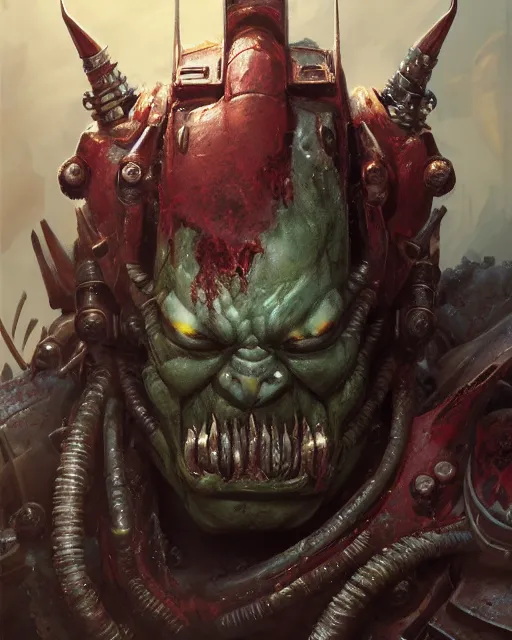 Image similar to hyper realistic portrait of heroic warhammer android head, cinematic, chaos marine, khorne tzeentch nurgle slaanesh, artstation, cgsociety, full head and shoulders, greg rutkowski, james gurney, mignola, craig mullins, brom