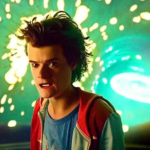Prompt: a 4 k cinematic still portrait of steve harrington accidentally starting a black hole and destroying the cosmic universe, from a gritty cyberpunk 2 0 0 0 s james cameron movie about stranger things. realism, cinematic lighting, 4 k. 8 mm. grainy. panavision.