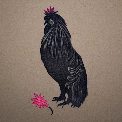 Image similar to adorable black rooster with a cannabis leaf tattoo design