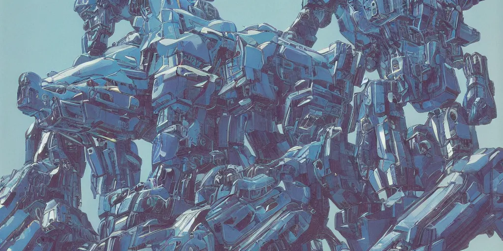 Image similar to risograph, gigantic mecha faces, no artifacts, mecha faces, a lot of exotic mecha faces, big human mecha faces everywhere, by moebius, matte blue colors, surreal design, crispy, super - detailed, a lot of tiny details, no blur, 4 k, fullshot