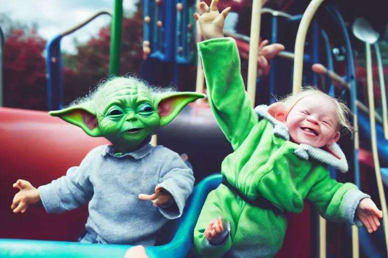 Image similar to photo of Baby Yoda going down a slide at a children’s playground, his arms are in the air and he’s smiling, shallow depth of field, Nikon 50mm f/1.8G,