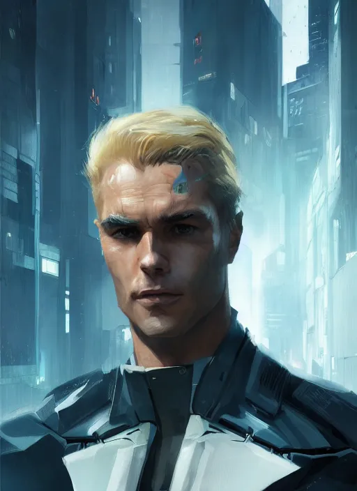 Prompt: portrait of a blonde bruce wayne, futuristic, cyberpunk, cybernetic enhancements, concept art, trending on artstation, greg rutkowski