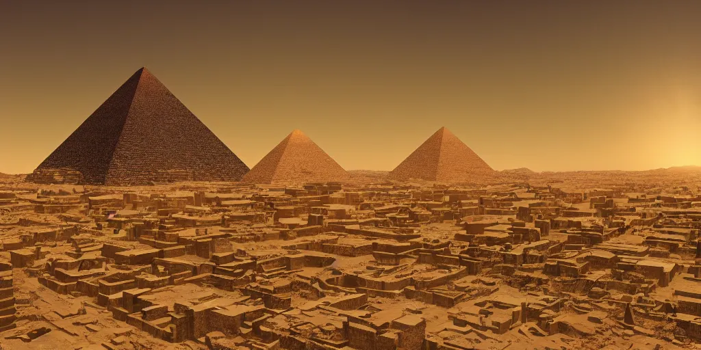 Image similar to a city in the desert with a pyramid in center, ziggurat, fantasy art,hyper realistic, dramatic lighting, cinematic, 35mm lens, 8k,