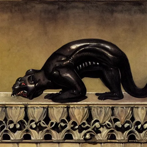 Image similar to close up of a black scary chimera in a temple, art nouveau wallpaper, dripping watercolor by gottfried helnwein, by hammershøi, highly detailed, lights by edward hopper, liminal, eerie, pastel colors, limited palette