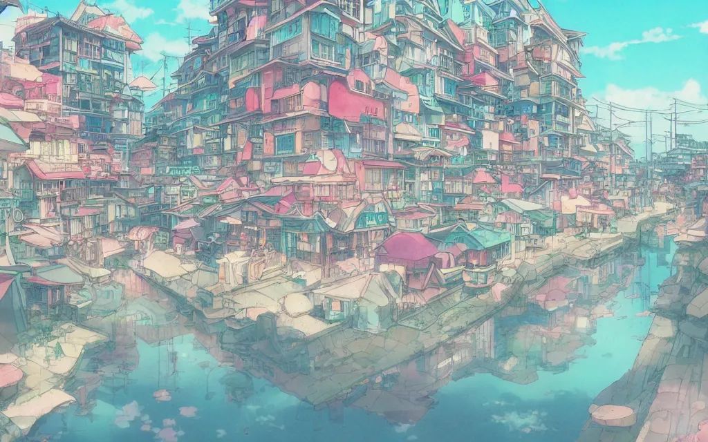 Image similar to a japanese city near the sea, lofi, dreamy, moody, very colorful, anime inspiration, ghibli vibe