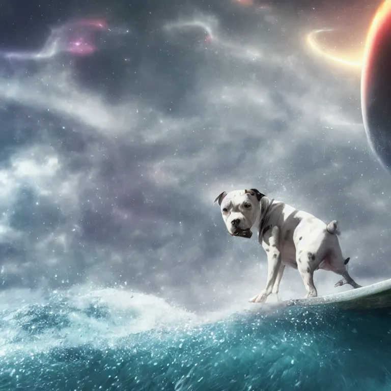 Image similar to photo of a dark gray white small spots coat pit bull with a white paws, surfing on a surfboard in a crashing wave of alien ocean in space, background is an alien galaxy, aliens in the background, alien colors, octane render, unreal engine, wide view, 8 k, high detaild