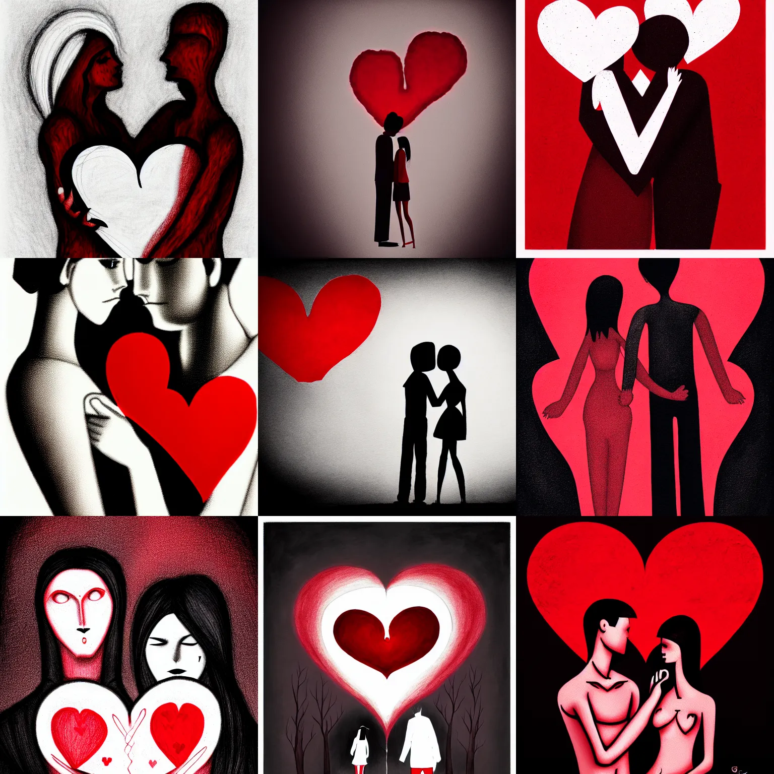 Prompt: couple (woman and man), several hearts, love, sadness, dark ambiance, concept by Godfrey Blow, featured on deviantart, drawing, sots art, lyco art, artwork, photoillustration, poster art, black and red