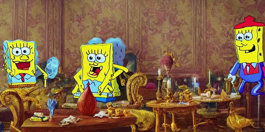 Prompt: a high detailed painting of a spongebob and patrick dressed in expensive and fancy designer clothes at a party in a luxurious hotel in new york ,surrealism, magical realism bizarre art