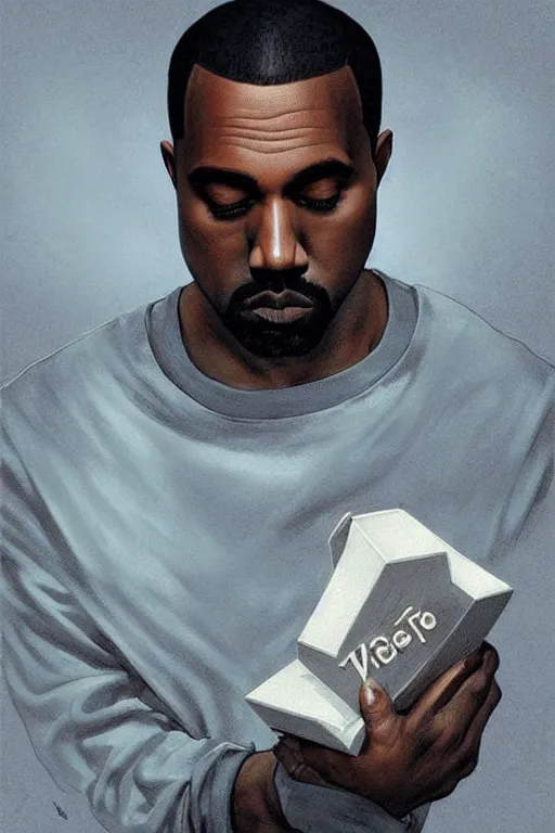 Image similar to depressed cottagecore kanye west holding a adiads shoebox. intricate, elegant. highly detailed, digital painting, artstation, concept art, smooth, sharp, focus, illustration. . art by artgerm and greg rutkowski and alphonse mucha