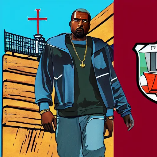 Image similar to illustration gta 5 artwork of holy saint kanye west, golden cross, in the style of gta 5 loading screen, by stephen bliss