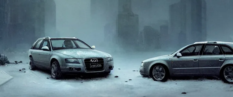 Image similar to Audi A4 B6 Avant (2002), a gritty neo-noir, dramatic lighting, cinematic, eerie person, death, homicide, homicide in the snow, viscera splattered, gunshots, bullet holes, establishing shot, extremely high detail, photorealistic, fire, arson, cinematic lighting, artstation, by simon stalenhag, Max Payne (PC) (2001) winter New York at night, In the style of Max Payne 1 graphic novel, flashing lights, Poets of the Fall - Late Goodbye